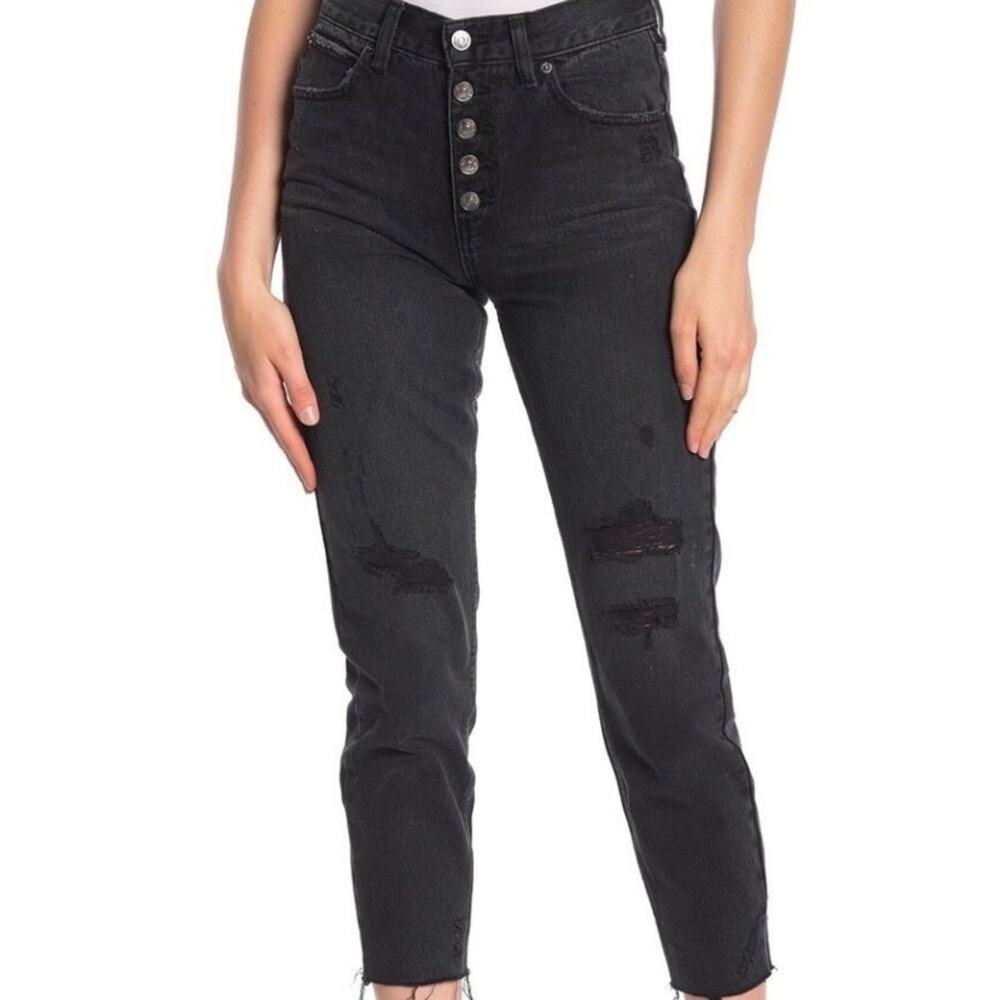 Anthro We The Free Blossom Crop Skinny Jeans Distressed Black